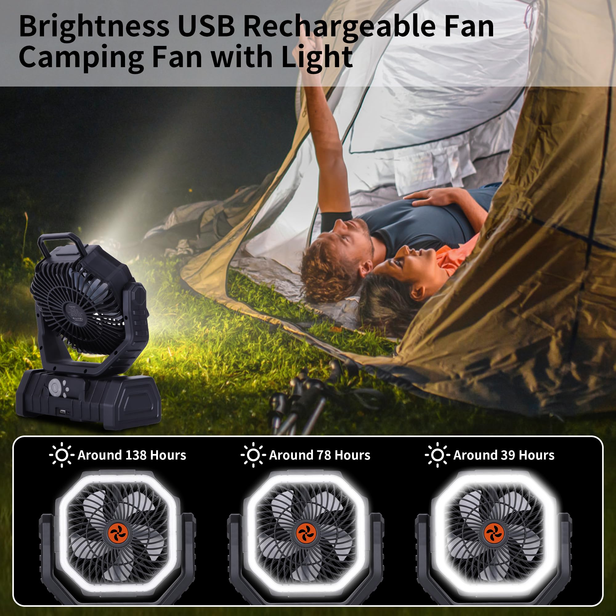 Rechargeable Camping Fan with LED Light – Portable Battery Powered Emergency Fan with 360° Oscillation, Hook & 8H Timer