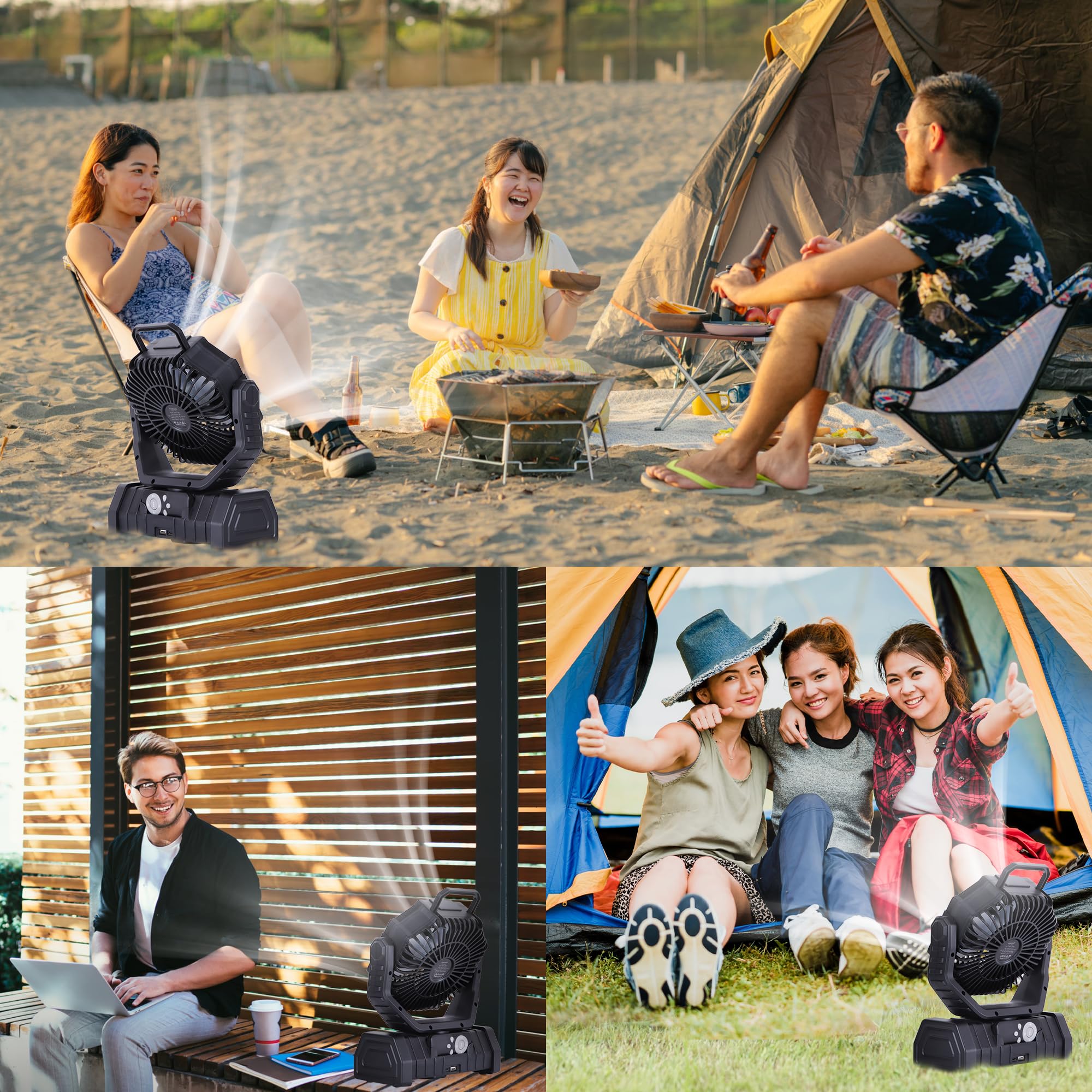 Rechargeable Camping Fan with LED Light – Portable Battery Powered Emergency Fan with 360° Oscillation, Hook & 8H Timer