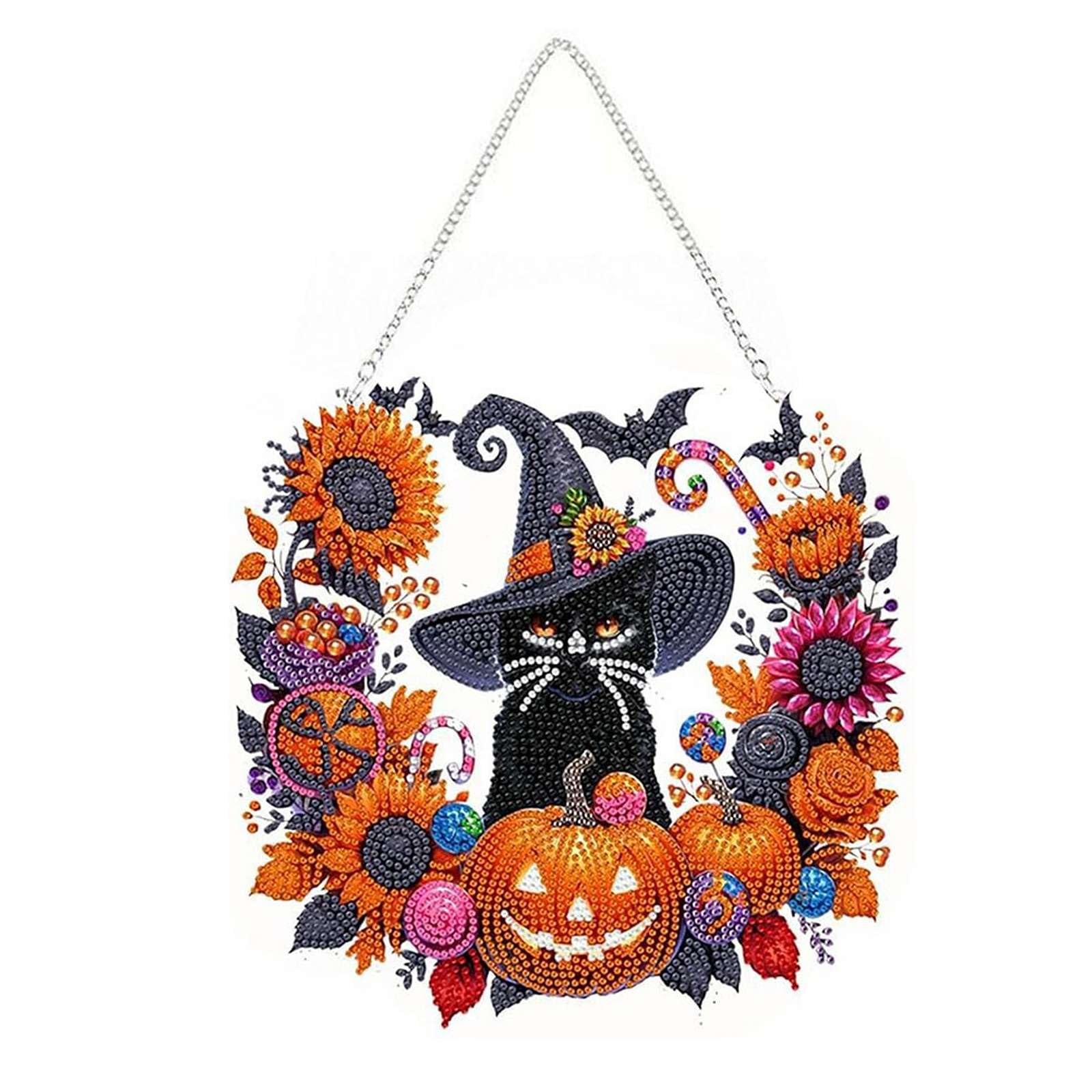 Halloween Witch Moon Diamond Art Hanging Ornament Kit – DIY Acrylic Gem Painting Pendant for Fall Home Decor & Spooky Season Crafts