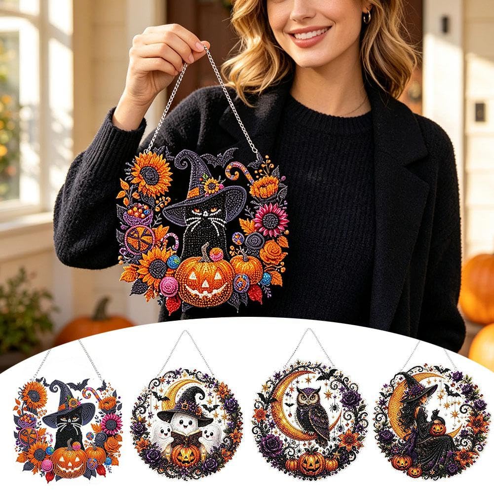 Halloween Witch Moon Diamond Art Hanging Ornament Kit – DIY Acrylic Gem Painting Pendant for Fall Home Decor & Spooky Season Crafts