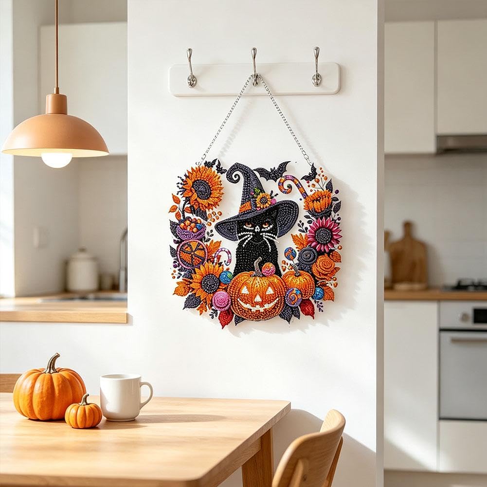 Halloween Witch Moon Diamond Art Hanging Ornament Kit – DIY Acrylic Gem Painting Pendant for Fall Home Decor & Spooky Season Crafts