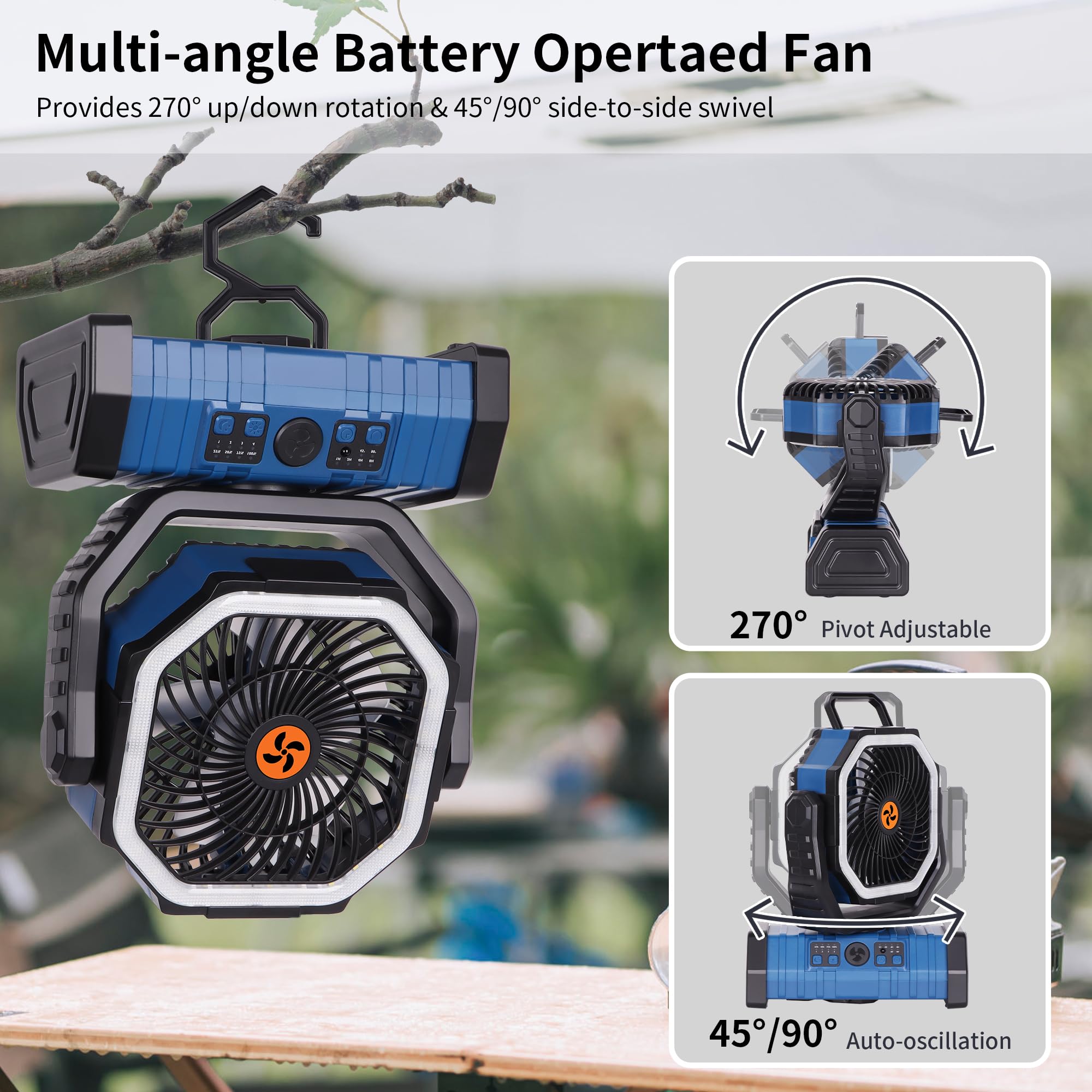 Rechargeable Camping Fan with LED Light – Portable Battery Powered Emergency Fan with 360° Oscillation, Hook & 8H Timer