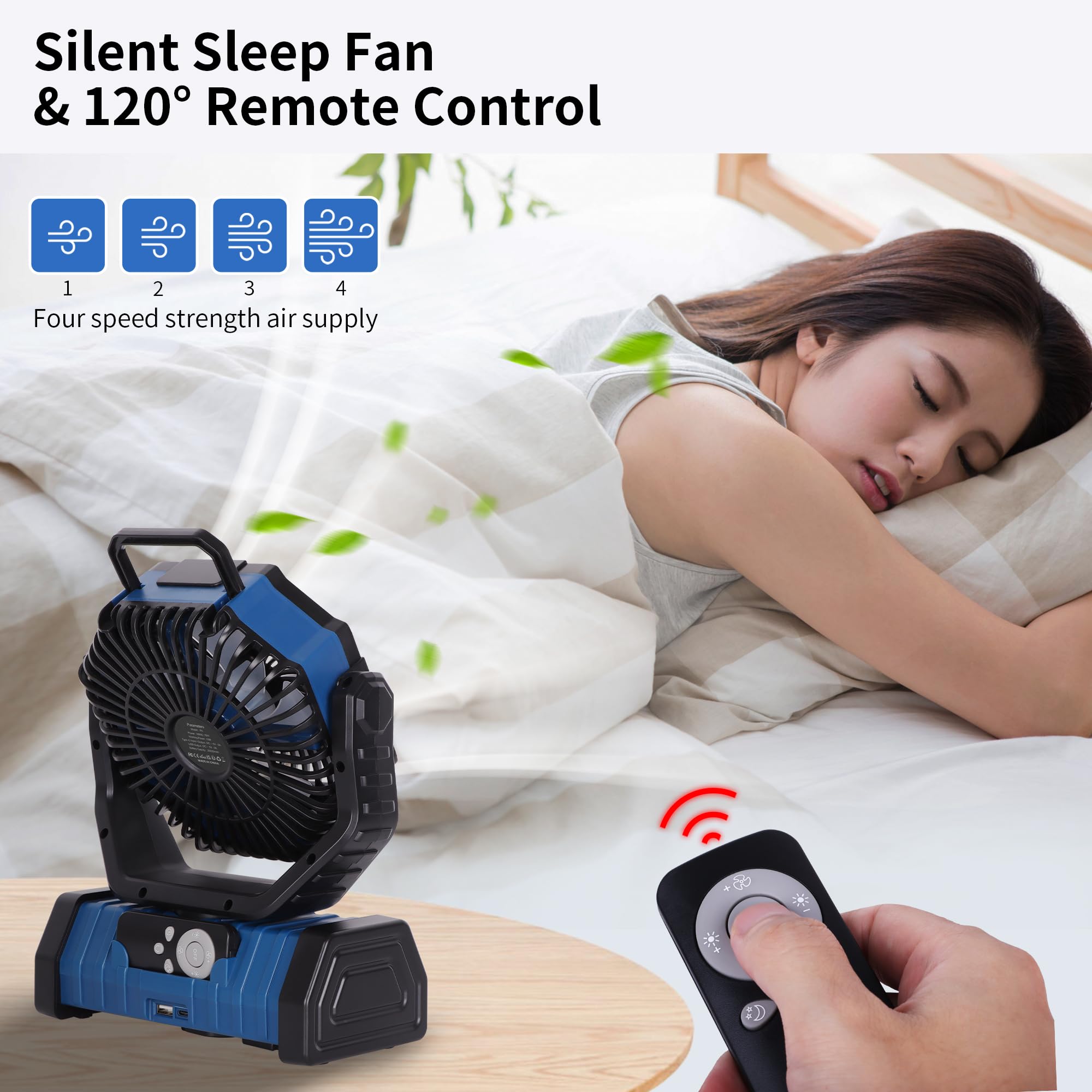 Rechargeable Camping Fan with LED Light – Portable Battery Powered Emergency Fan with 360° Oscillation, Hook & 8H Timer