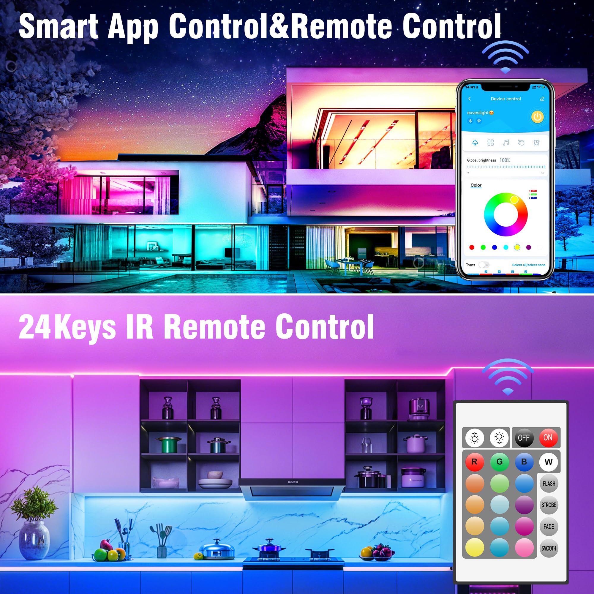 100ft RGB LED Strip Lights – Color Changing Smart LED Light Kit with Bluetooth & IR Remote, Music Sync Room Lighting for Bedroom, Home