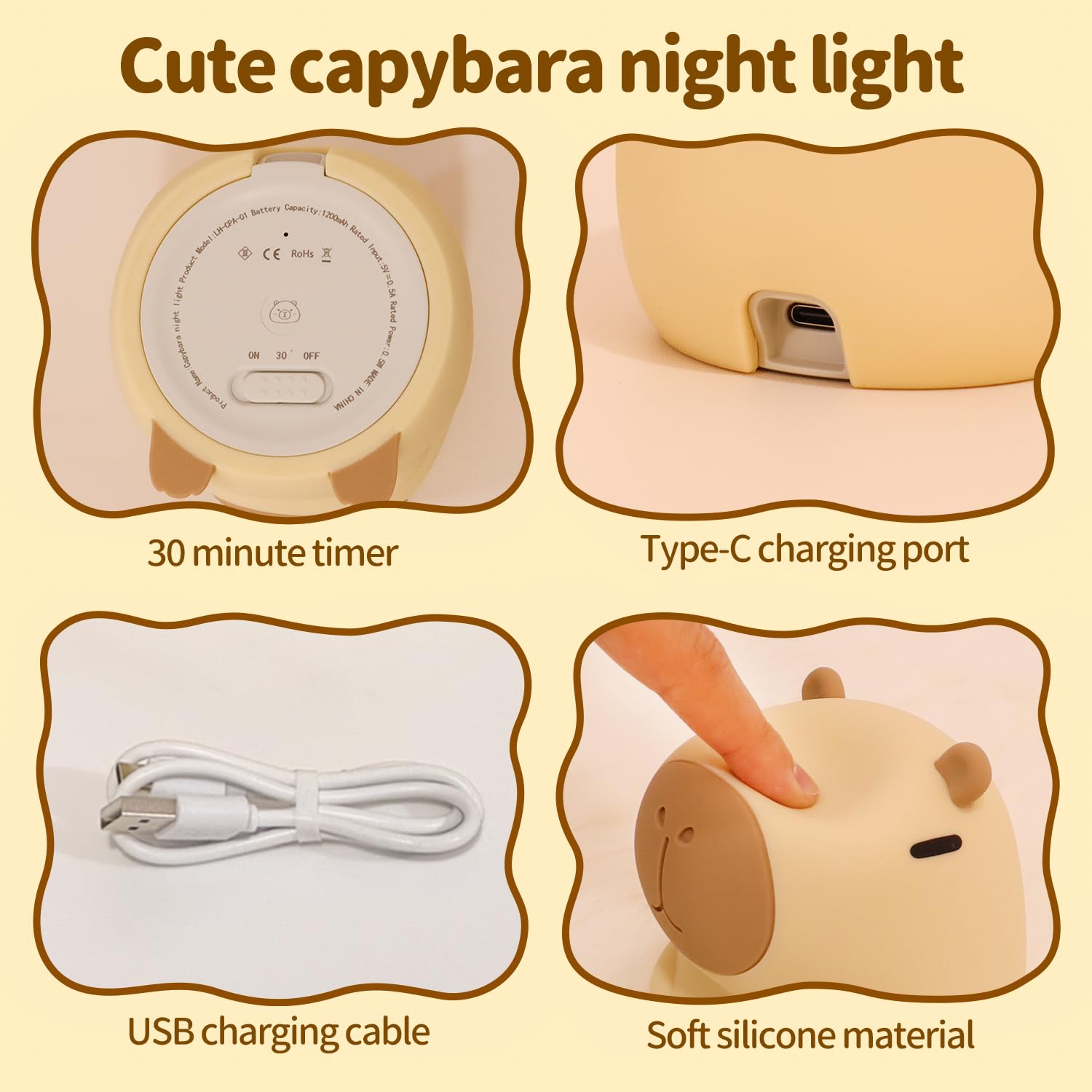 Cute Bunny Silicone Night Light – Rechargeable Squishy Rabbit Lamp with Touch Control & 30-Min Timer for Kids Bedroom & Nursery