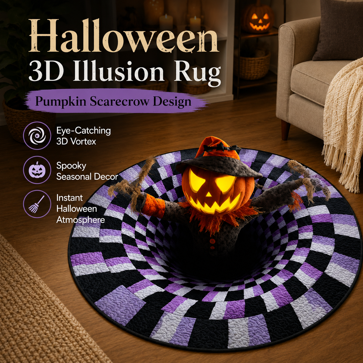 Halloween 3D Optical Illusion Rug – Spooky Vortex Floor Mat for Halloween Home Decor