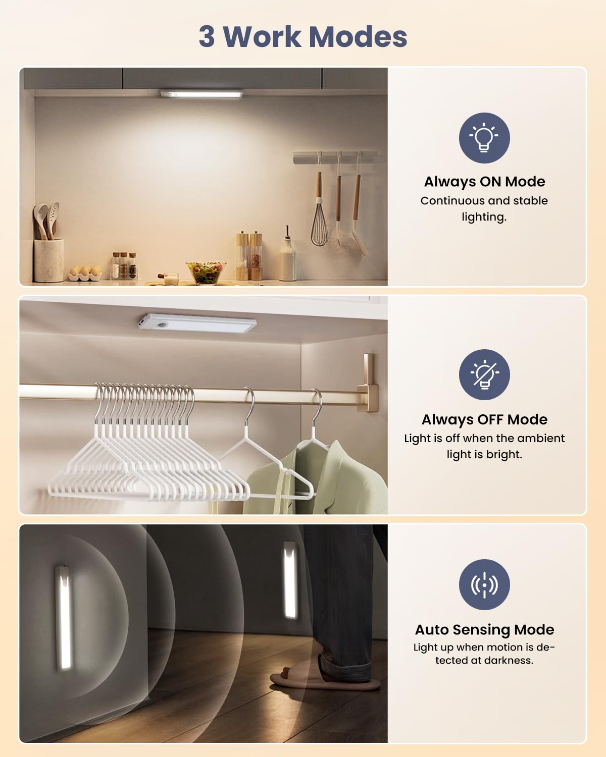 2-Pack Rechargeable Motion Sensor Under Cabinet Lights – Wireless 3-Color Dimmable LED Lights with Cat Eye Glow for Cabinets, Wine Racks & Display Shelves