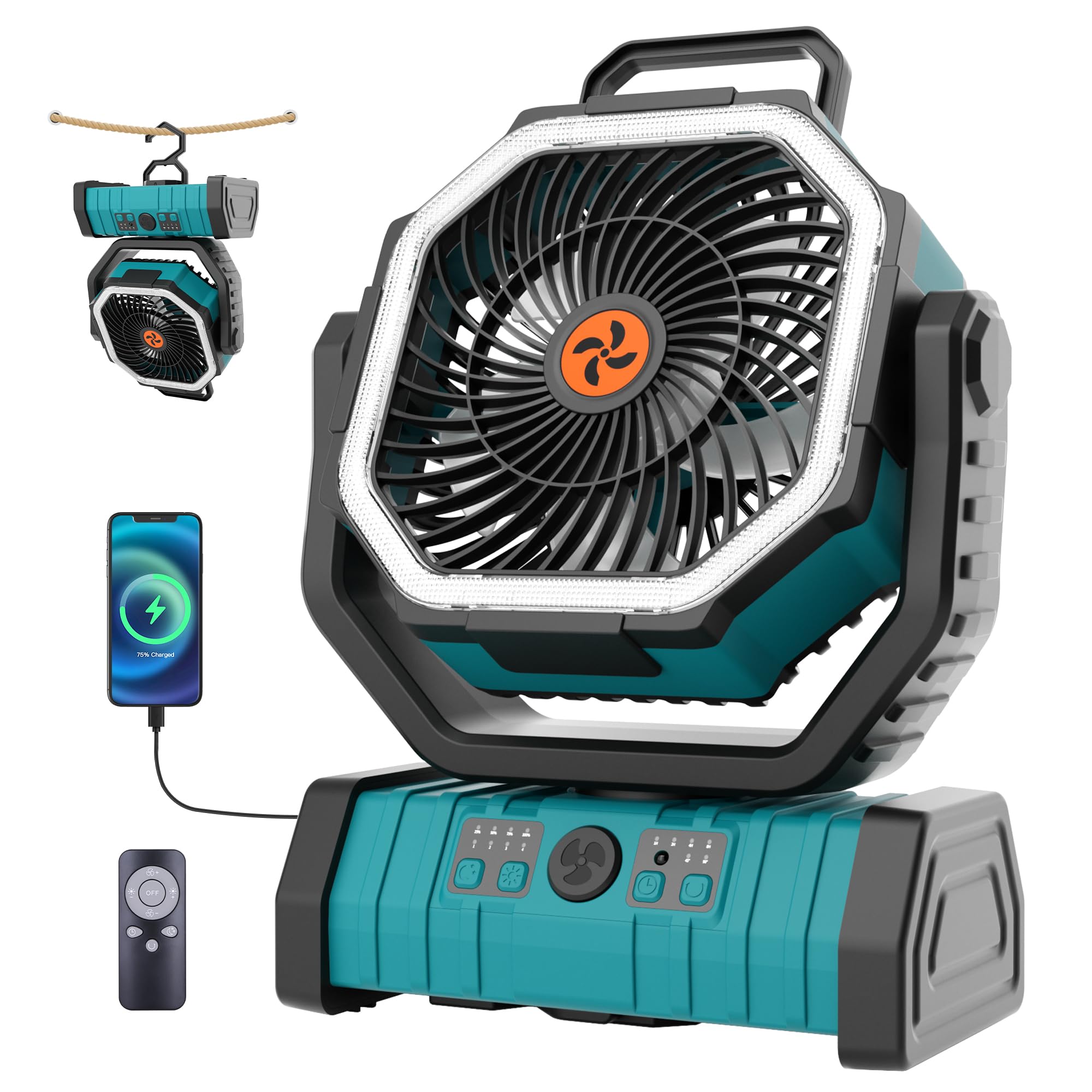 Rechargeable Camping Fan with LED Light – Portable Battery Powered Emergency Fan with 360° Oscillation, Hook & 8H Timer
