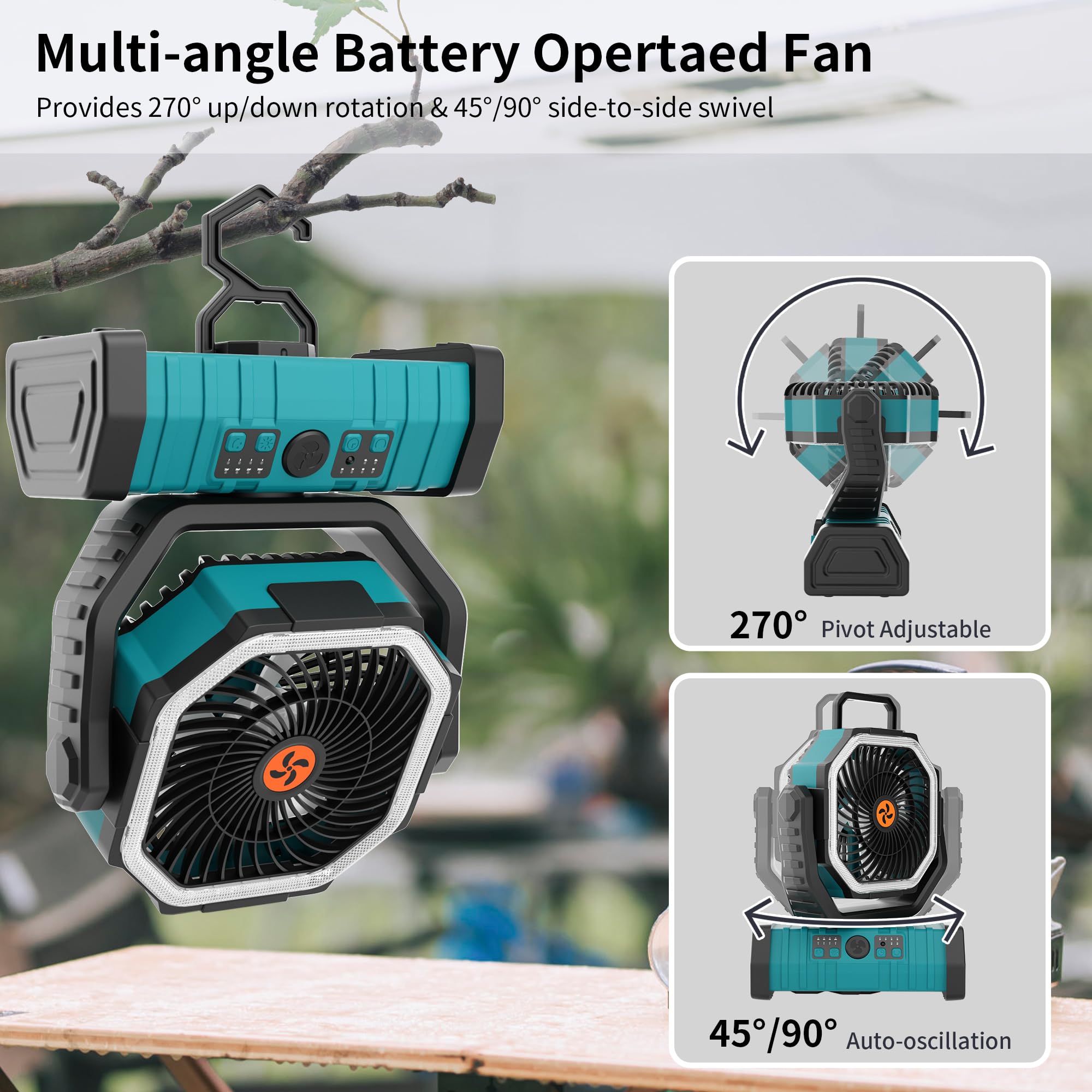 Rechargeable Camping Fan with LED Light – Portable Battery Powered Emergency Fan with 360° Oscillation, Hook & 8H Timer