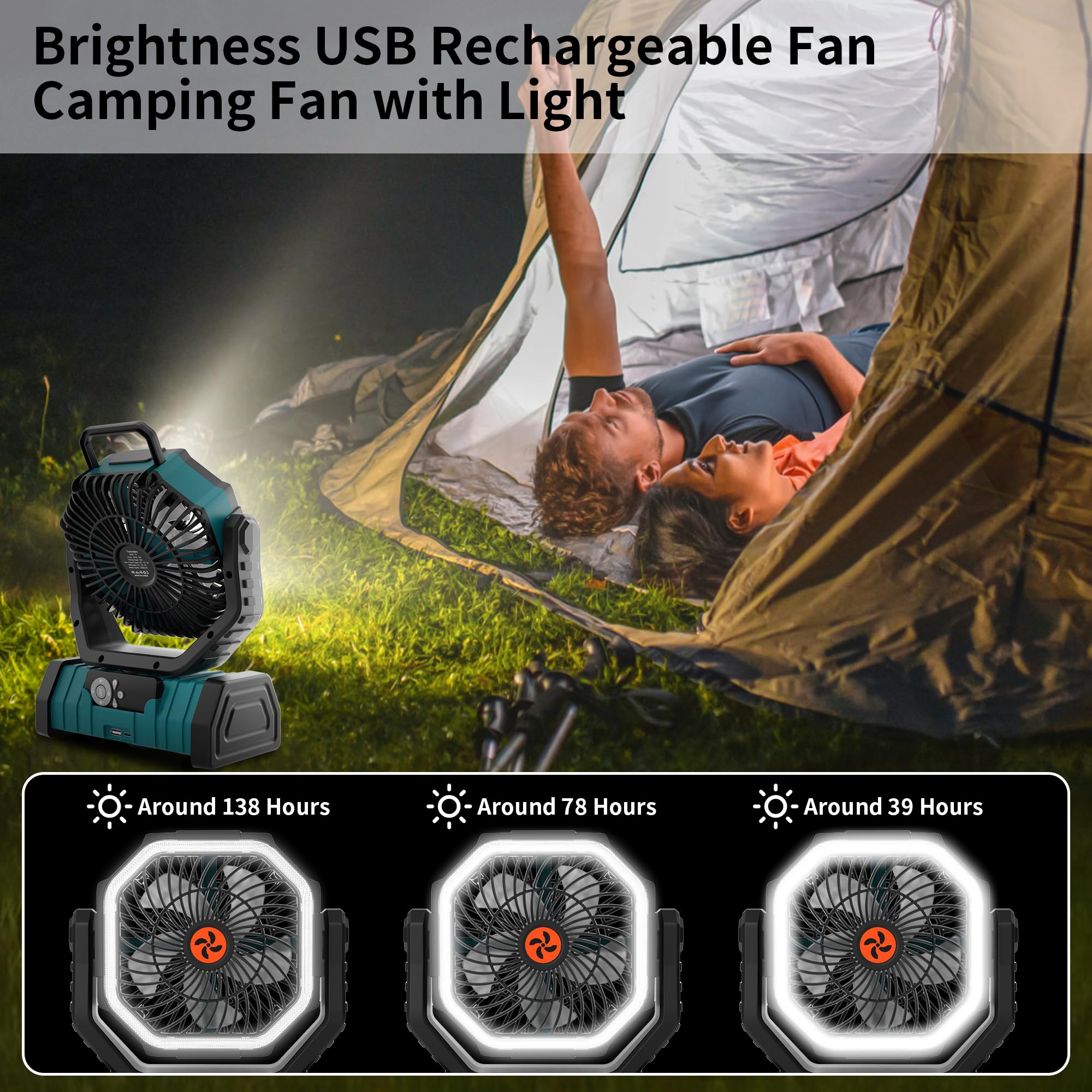Rechargeable Camping Fan with LED Light – Portable Battery Powered Emergency Fan with 360° Oscillation, Hook & 8H Timer