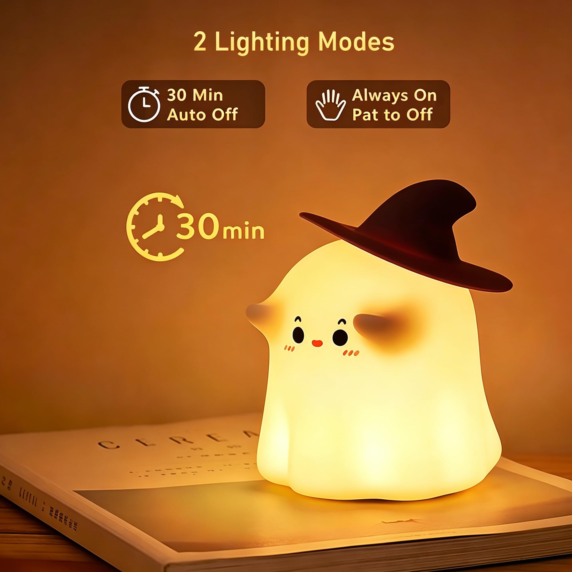 Cute Ghost Night Light – Rechargeable Dimmable Halloween Silicone Lamp with Tap Control for Bedroom & Nursery Decor