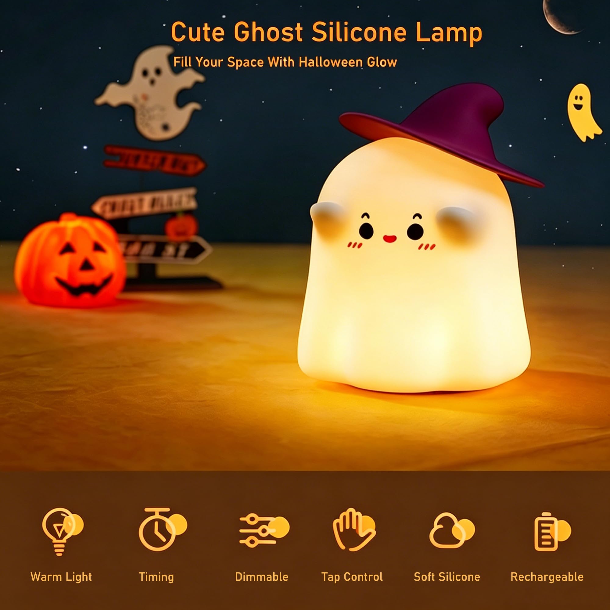 Cute Ghost Night Light – Rechargeable Dimmable Halloween Silicone Lamp with Tap Control for Bedroom & Nursery Decor