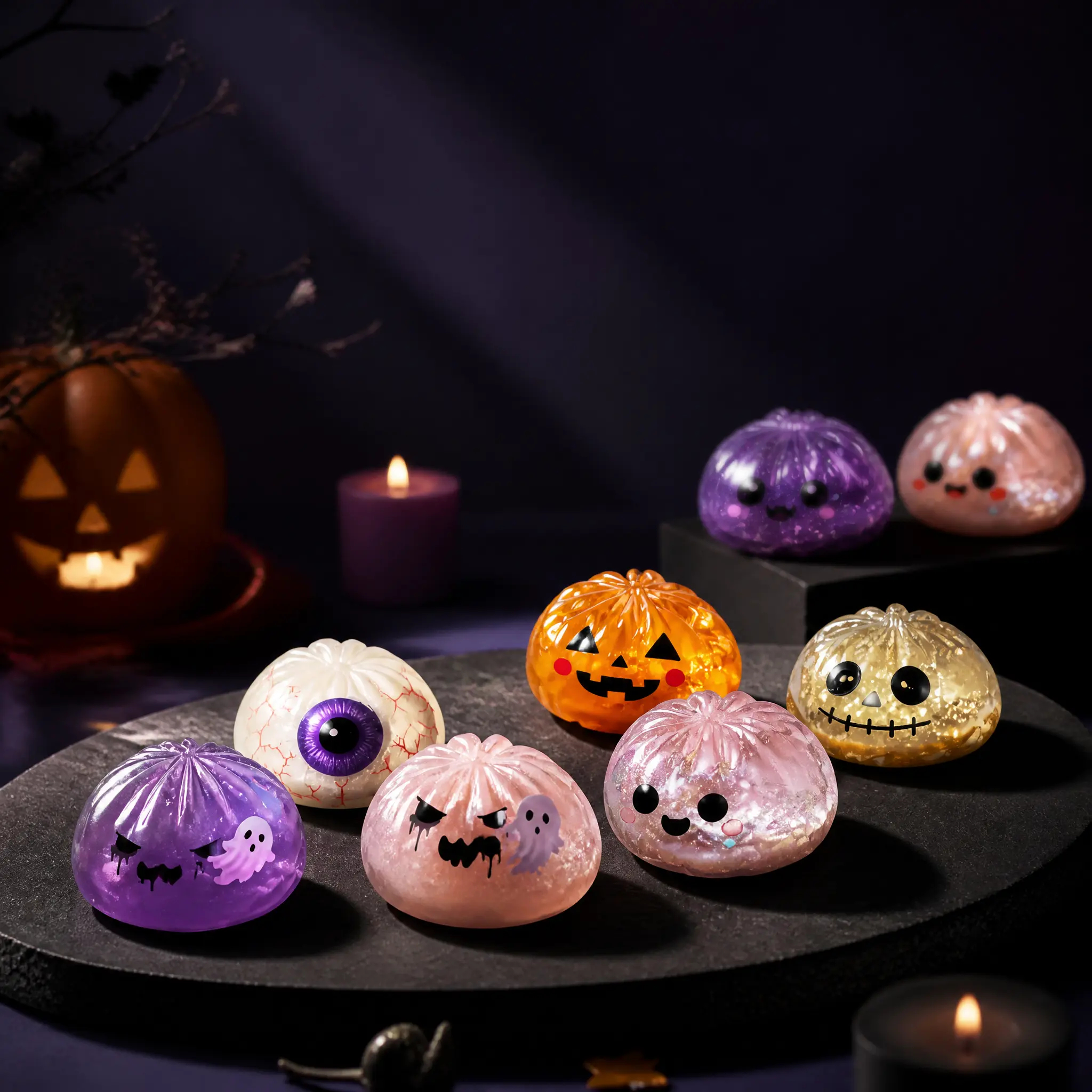 Halloween Ghost Dumpling Squishy Set – Glitter Stress Relief Fidget Toys & Party Favors