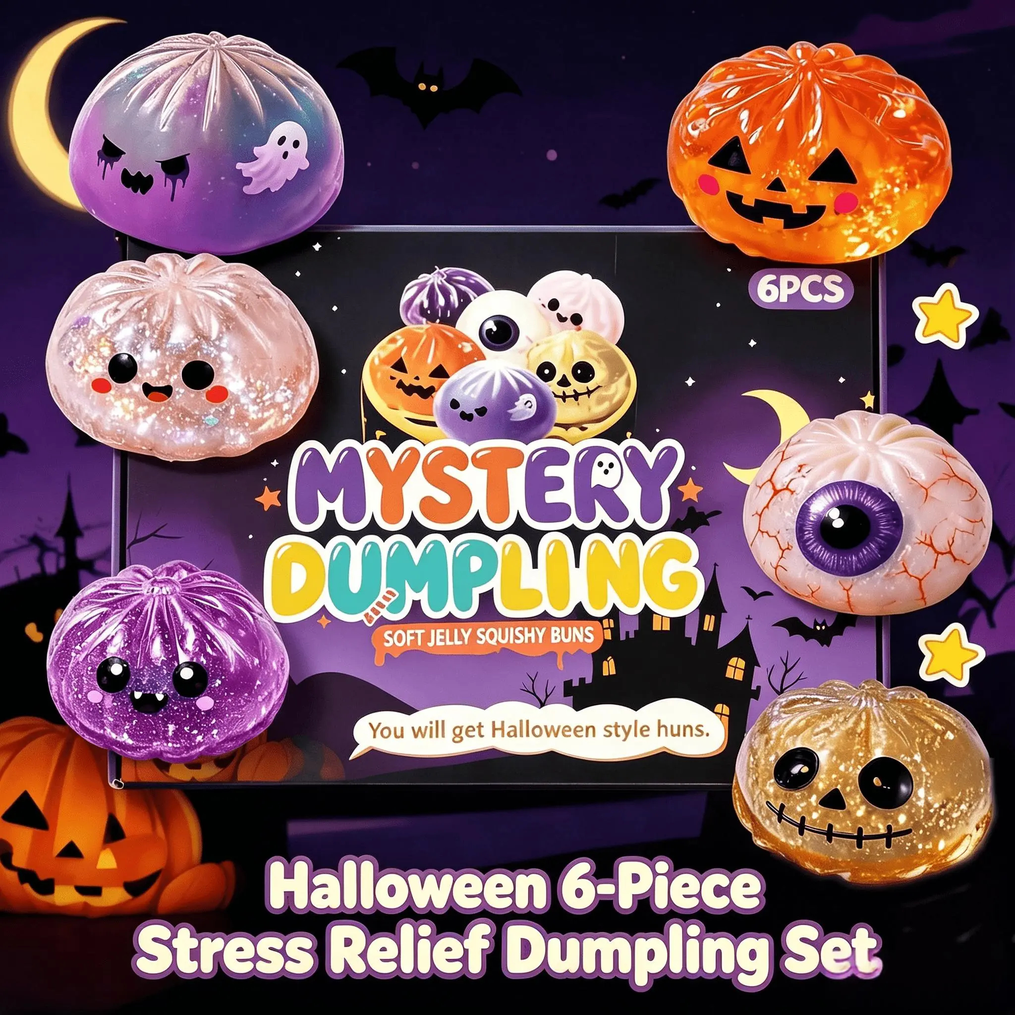 Halloween Ghost Dumpling Squishy Set – Glitter Stress Relief Fidget Toys & Party Favors