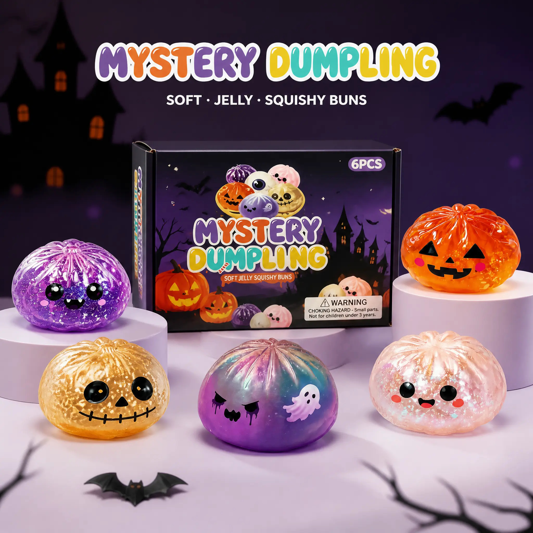 Halloween Ghost Dumpling Squishy Set – Glitter Stress Relief Fidget Toys & Party Favors