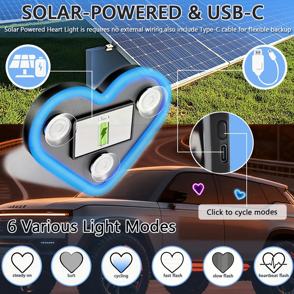 2PCS Heart-Shaped Car Ambient Lights – Solar Powered Pink LED Interior Decor