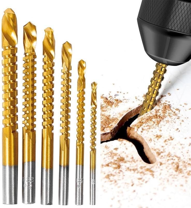 6-Pack High Speed Steel Drill Bit Set – 135° Gold Titanium Coated Metal & Wood Drill Bits for Drilling, Cutting, Carving & Polishing