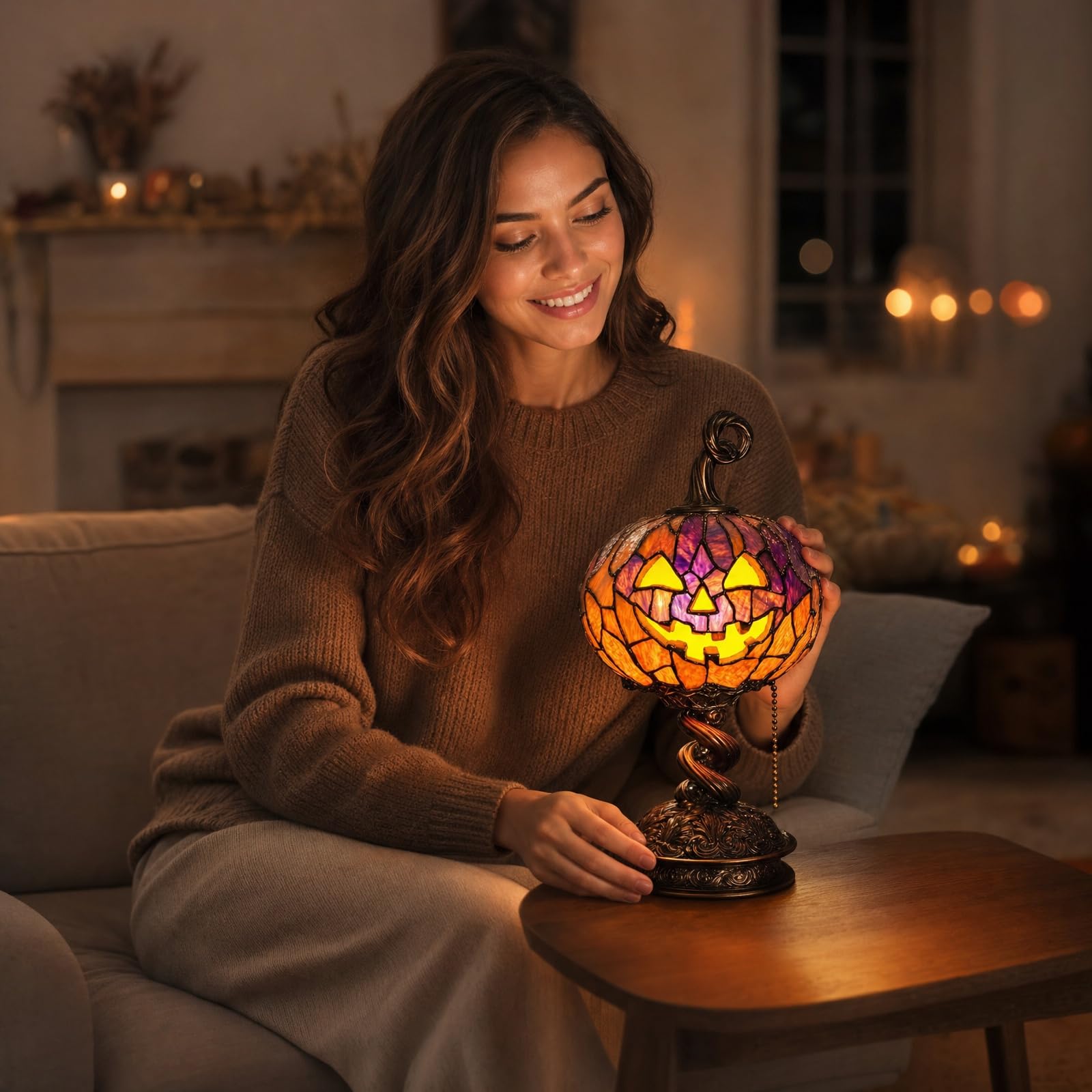 Stained Glass Pumpkin Table Lamp – Vintage Halloween Jack-O’-Lantern Night Light USB Powered Desk Decor