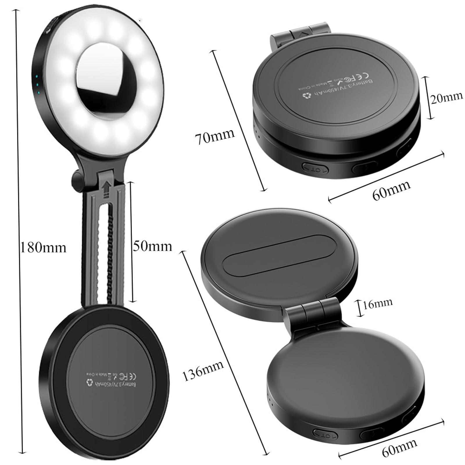 3-in-1 Magnetic Selfie Light with Mirror – Rechargeable LED Fill Light for Phones