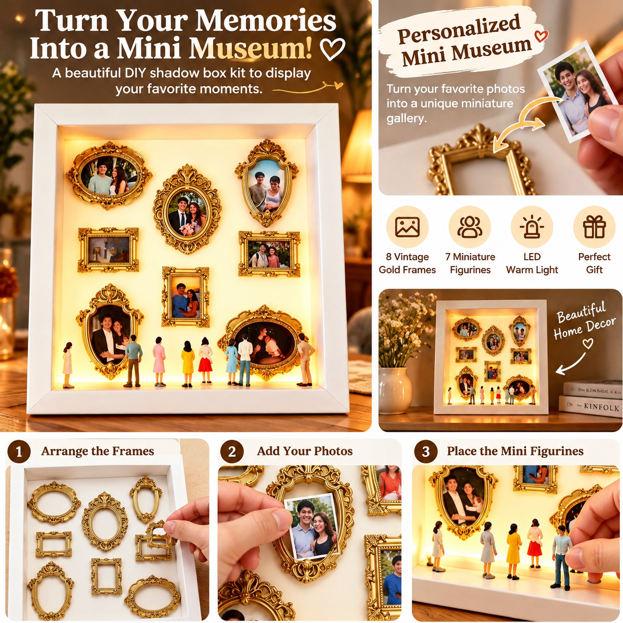 DIY Mini Museum Shadow Box Kit – Personalized Family Photo Gallery with 7 Mini Figurines & 8 Vintage Gold Frames, Unique Gift for Loved Ones