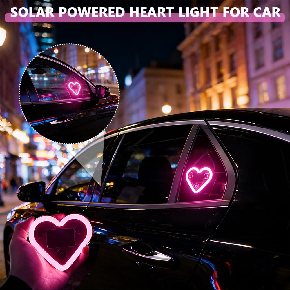 2PCS Heart-Shaped Car Ambient Lights – Solar Powered Pink LED Interior Decor