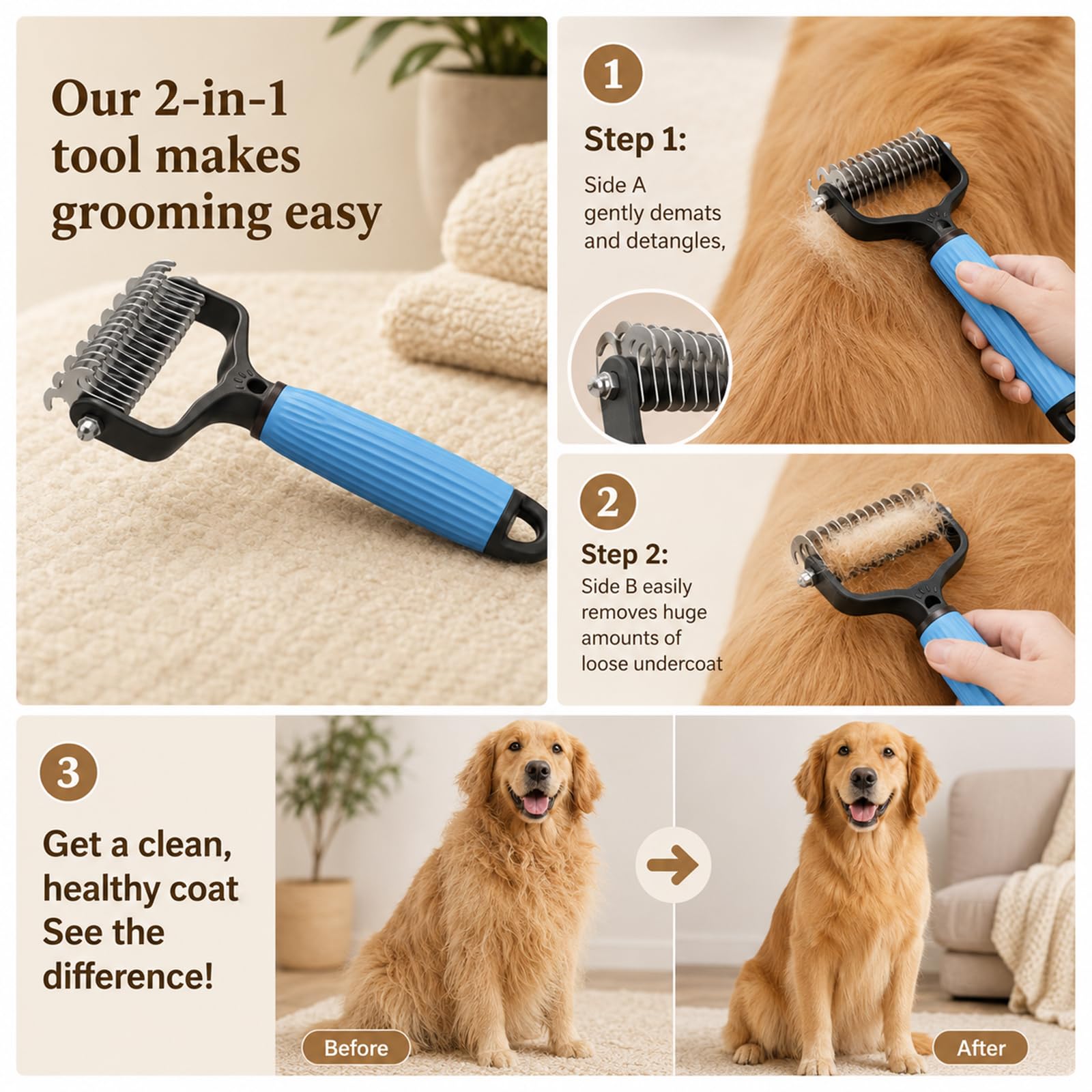 Pet Dematting & Deshedding Brush – Removes Knots, Tangles & Loose Fur for Dogs & Cats