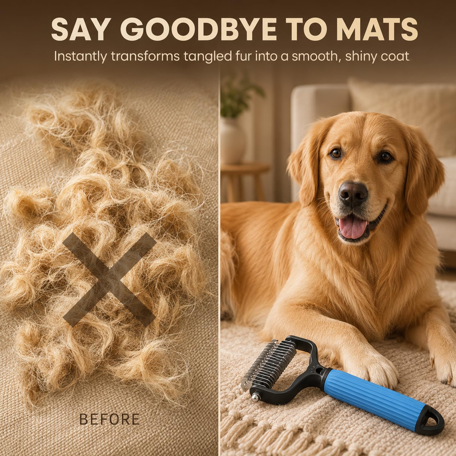 Pet Dematting & Deshedding Brush – Removes Knots, Tangles & Loose Fur for Dogs & Cats