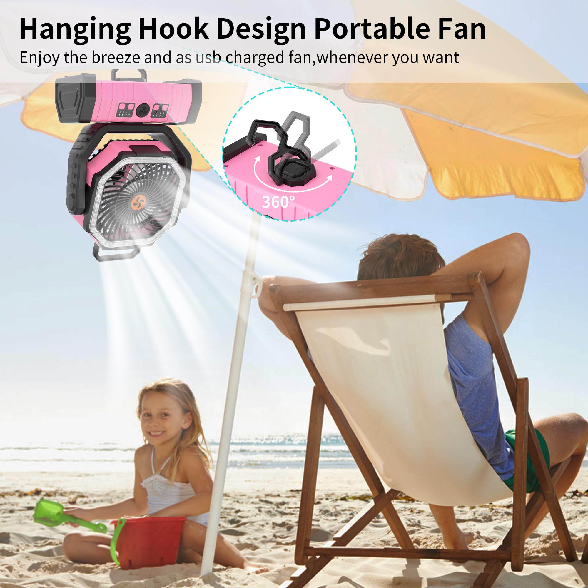 Rechargeable Camping Fan with LED Light – Portable Battery Powered Emergency Fan with 360° Oscillation, Hook & 8H Timer