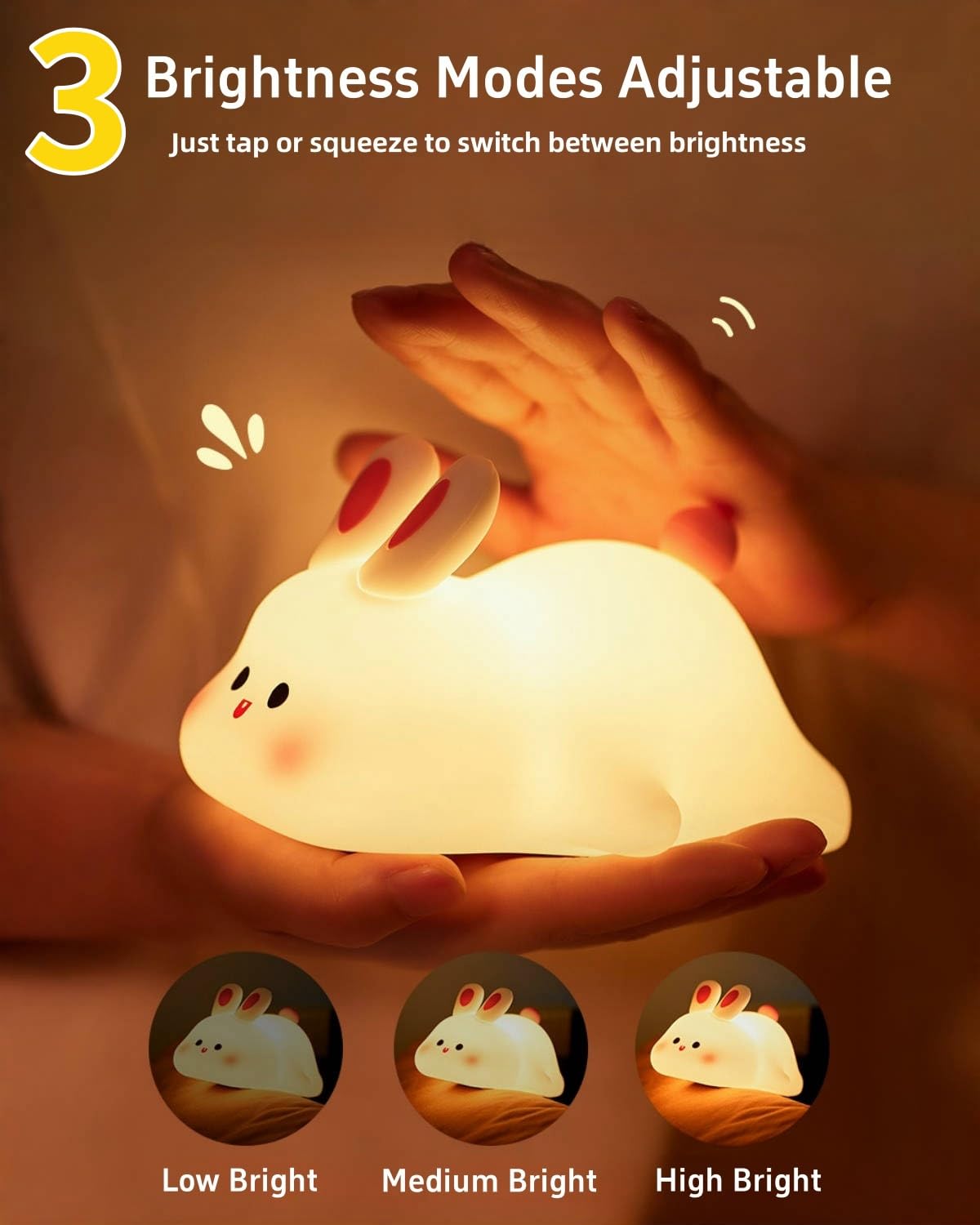 Cute Bunny Silicone Night Light – Rechargeable Squishy Rabbit Lamp with Touch Control & 30-Min Timer for Kids Bedroom & Nursery