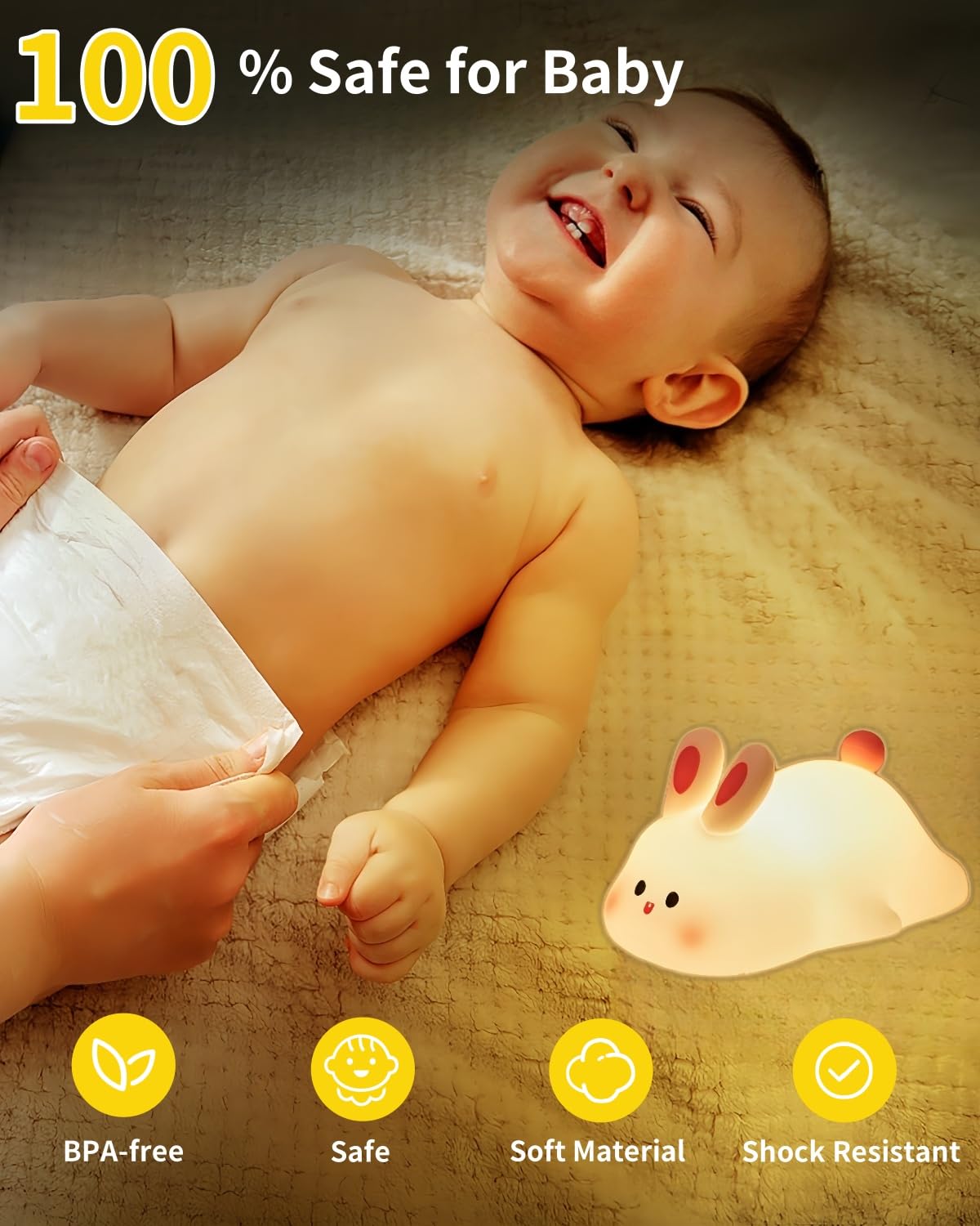 Cute Bunny Silicone Night Light – Rechargeable Squishy Rabbit Lamp with Touch Control & 30-Min Timer for Kids Bedroom & Nursery
