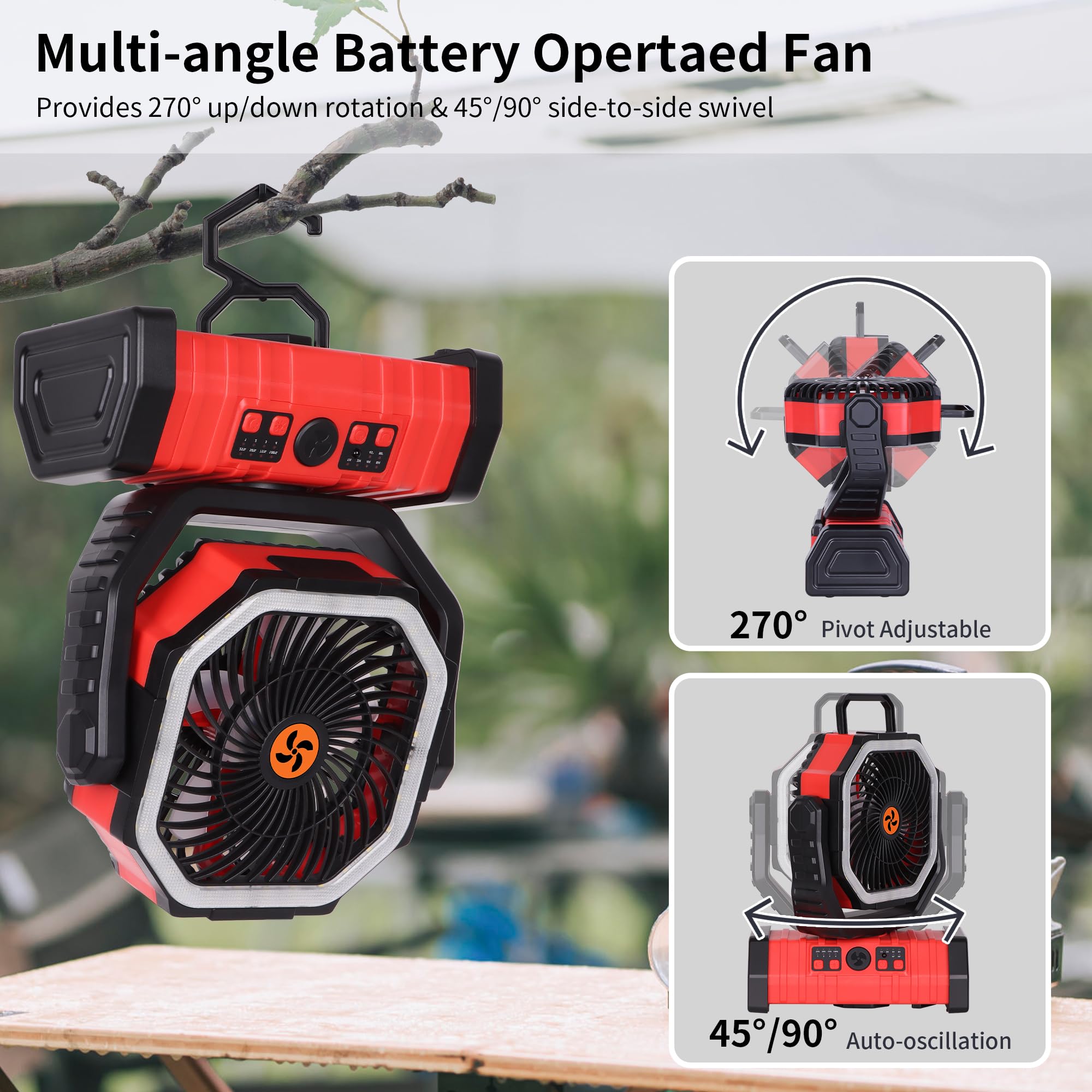 Rechargeable Camping Fan with LED Light – Portable Battery Powered Emergency Fan with 360° Oscillation, Hook & 8H Timer