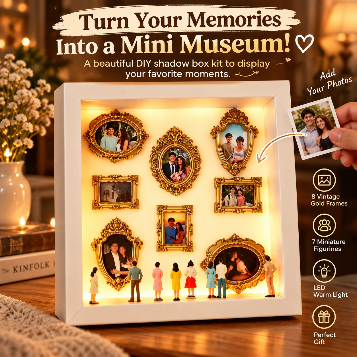 DIY Mini Museum Shadow Box Kit – Personalized Family Photo Gallery with 7 Mini Figurines & 8 Vintage Gold Frames, Unique Gift for Loved Ones