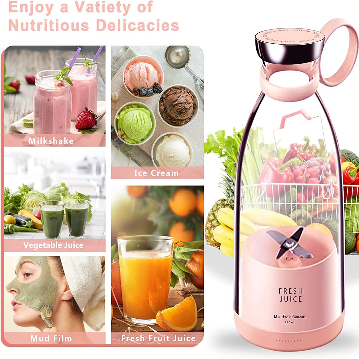 Portable Wireless Juicer Blender – 350ml Electric Fresh Juice & Smoothie Maker for Fruit, Milkshakes & Smoothies