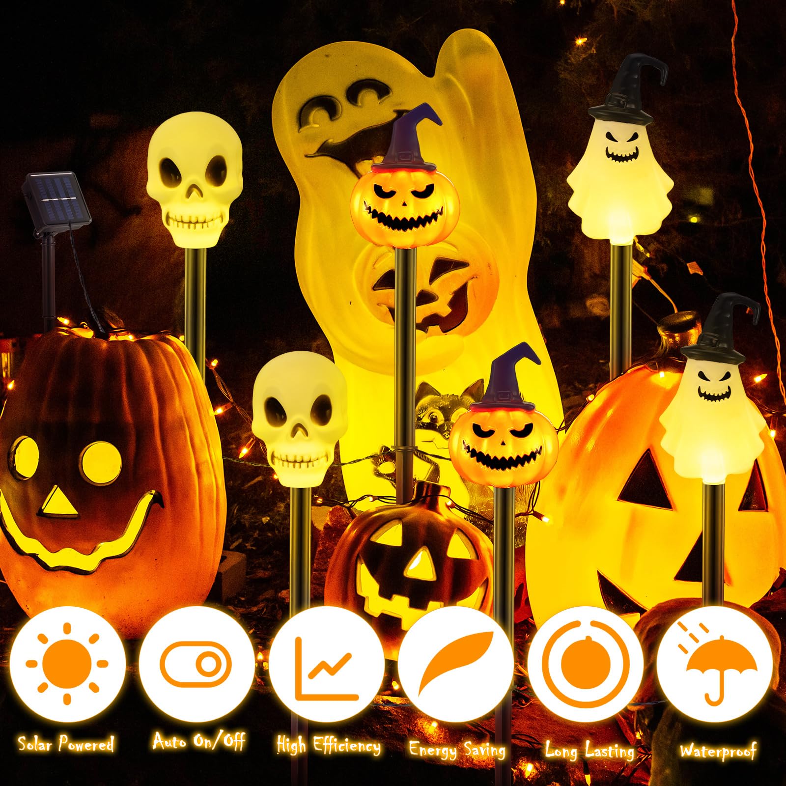 6-Pack Halloween Solar Stake Lights – Skull, Pumpkin & Ghost Outdoor Garden Decor