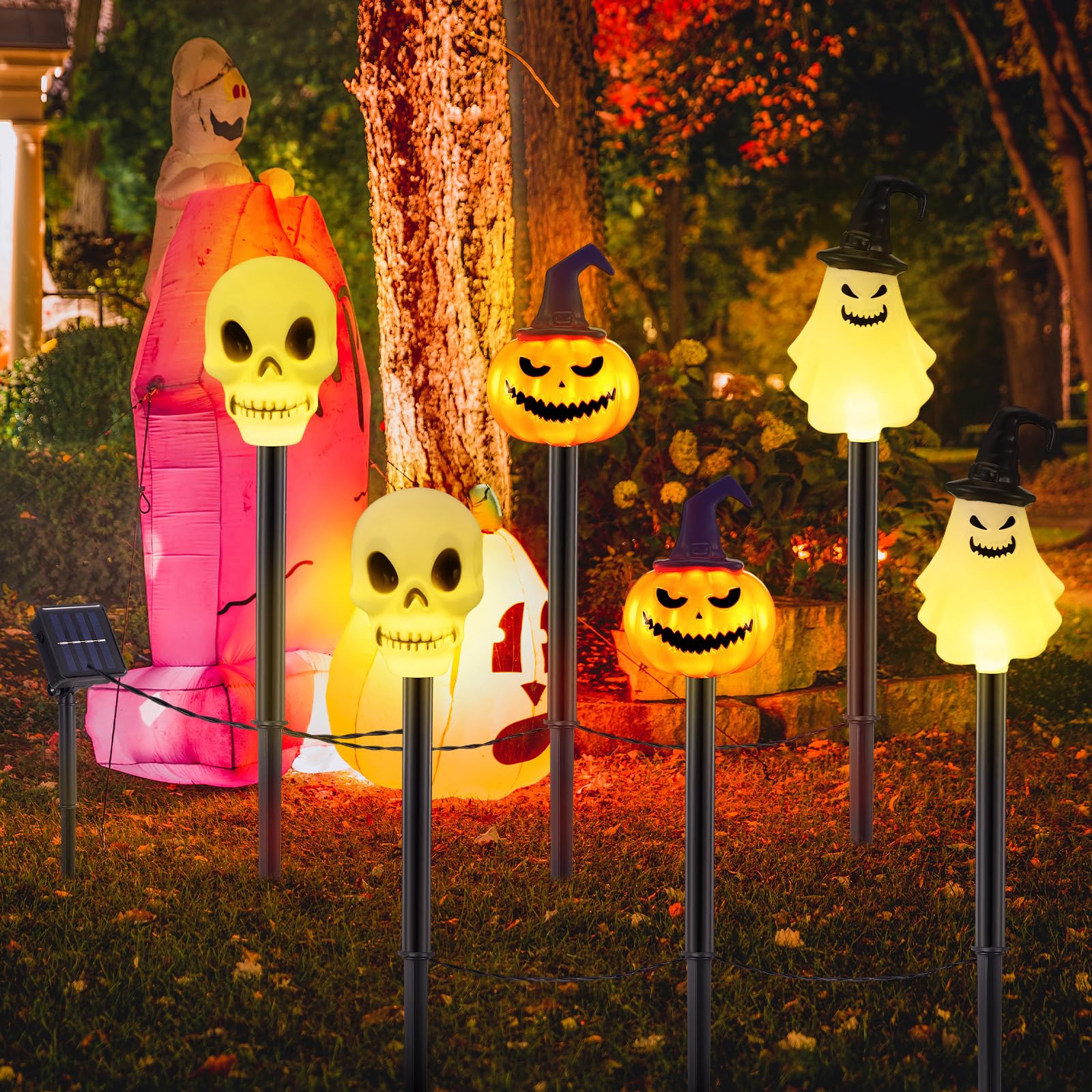6-Pack Halloween Solar Stake Lights – Skull, Pumpkin & Ghost Outdoor Garden Decor