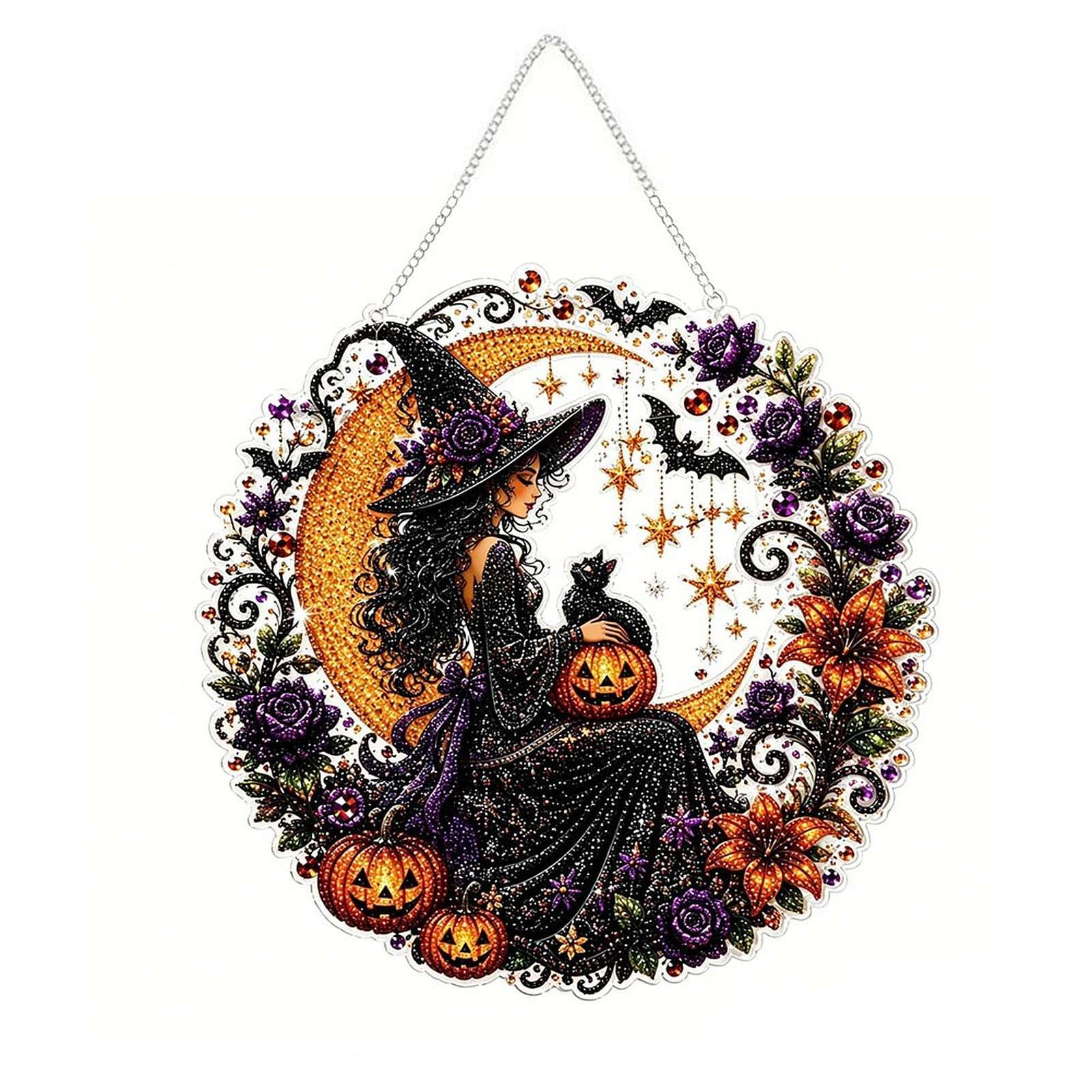 Halloween Witch Moon Diamond Art Hanging Ornament Kit – DIY Acrylic Gem Painting Pendant for Fall Home Decor & Spooky Season Crafts