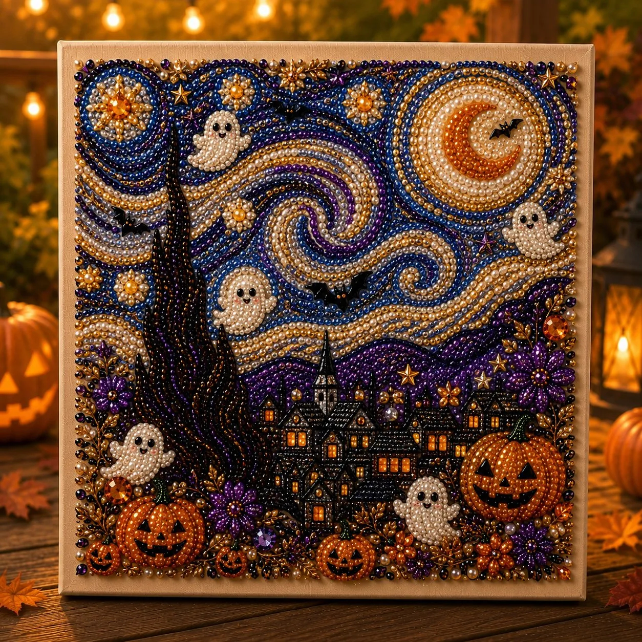 Halloween 3D Pearl Wall Art Kit 🎃✨ – Premium DIY Beaded Craft with Luxury Flocked Canvas for Spooky Home