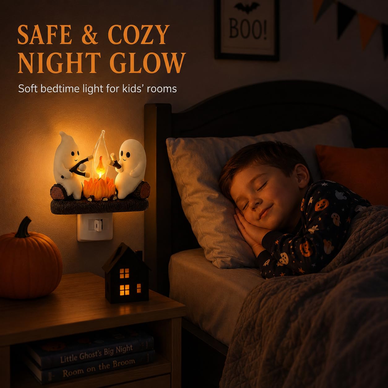 Ghost Campfire Night Light – Cute Halloween Plug-In Wall Lamp with Flickering Flame Effect for Cozy Spooky Home Décor