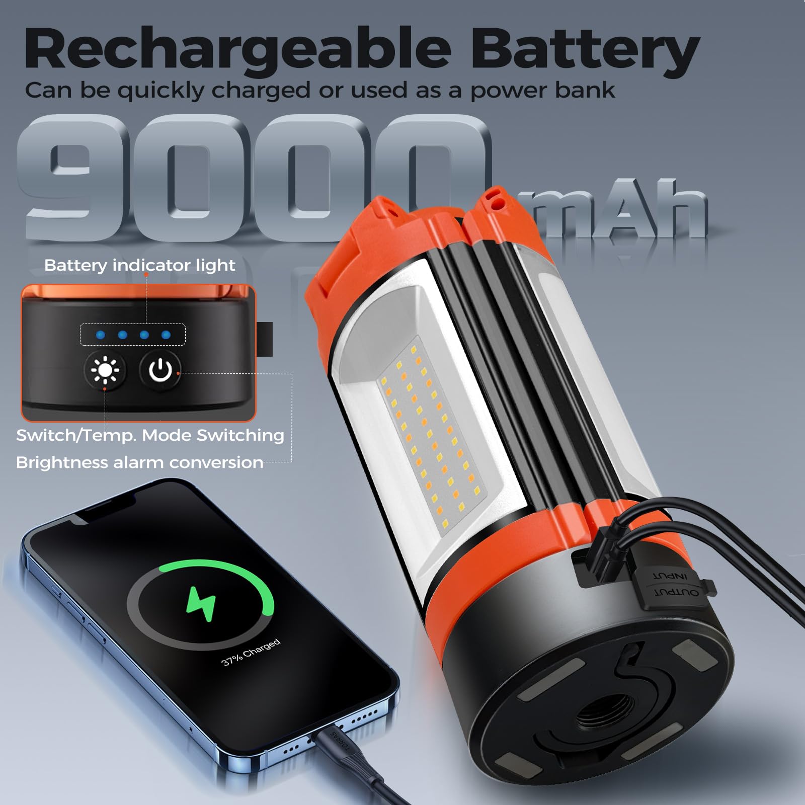 Rechargeable 12000mAh Camping Work Light with Adjustable Tripod – 2200LM Cordless 3-Head LED Flood Light & Magnetic Emergency Flashlight