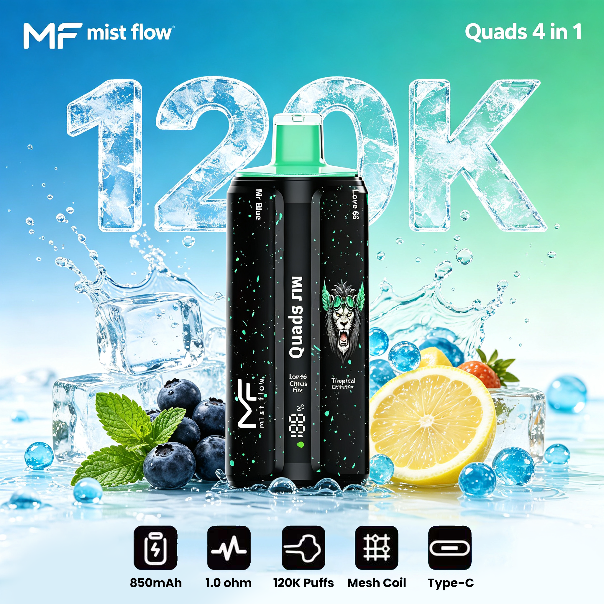Mist Flow：Quads 4 w 1 - Popularny polski produkt, najtańszy modny produkt online, cztery smaki, 120 000 kawałków!