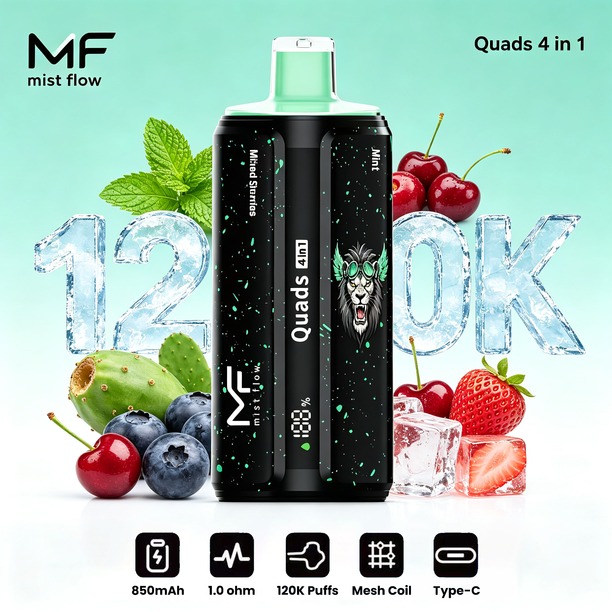 Mist Flow：Quads 4 w 1 - Popularny polski produkt, najtańszy modny produkt online, cztery smaki, 120 000 kawałków!