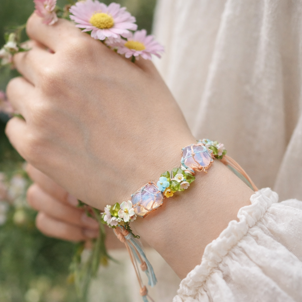 "Spring Garland Collection” Hand-Knotted Natural Crystal Bracelet