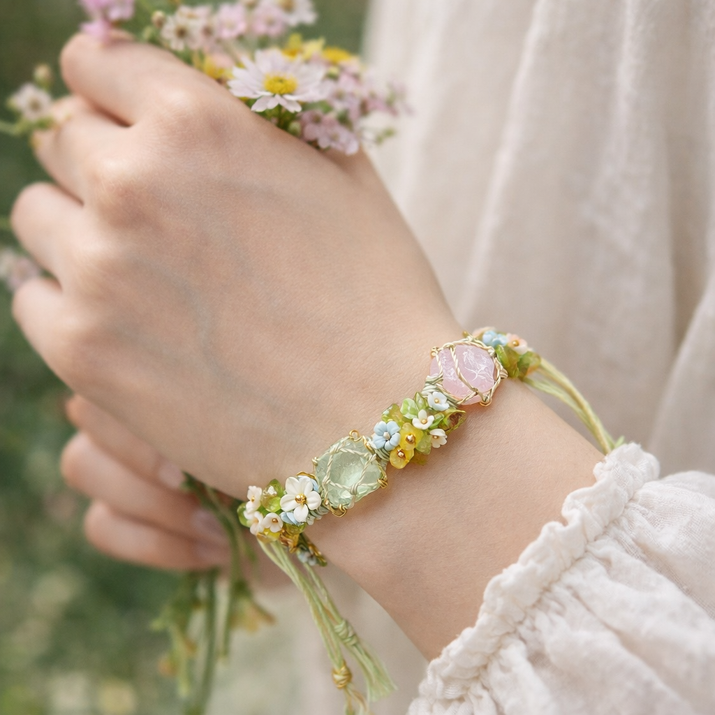 "Spring Garland Collection” Hand-Knotted Natural Crystal Bracelet