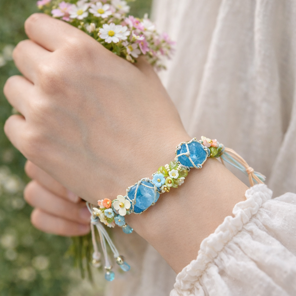 "Spring Garland Collection” Hand-Knotted Natural Crystal Bracelet