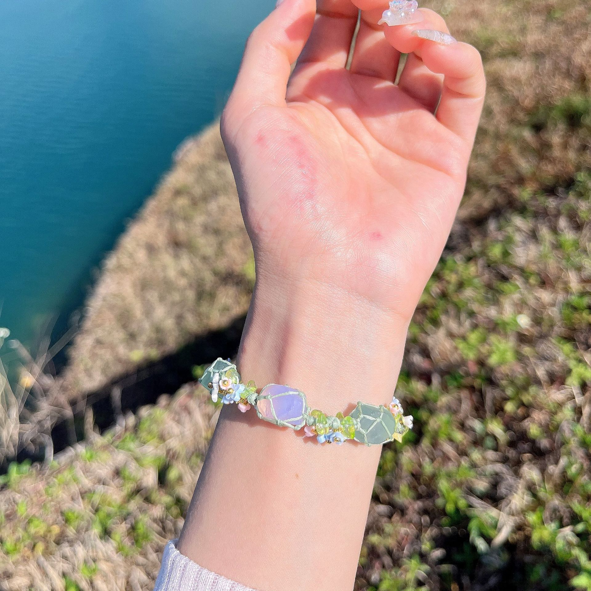 "Spring Garland Collection” Hand-Knotted Natural Crystal Bracelet