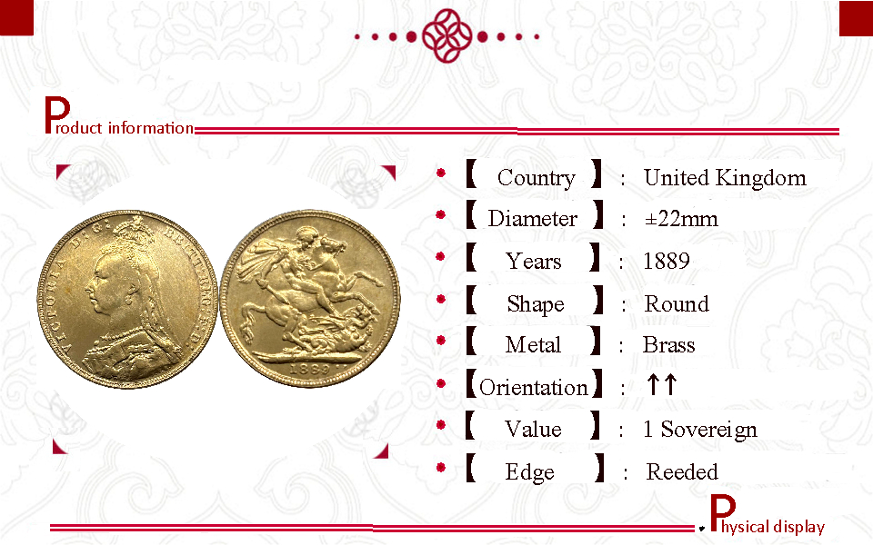 United Kingdom 1889 1 One Sovereign Victoria British 2nd Portraitb Gold Brass Metal Replica Coin Commemorative Medal,Historical Collectible Art Craft For Enthusiasts