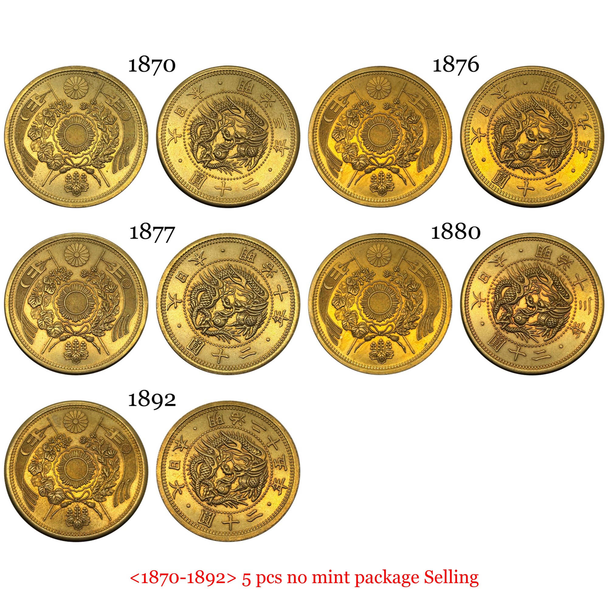Great Japan 20 Twenty Yen Meiji 1870 - 1892 5 Pcs Pack Sell Gold Brass Replica Coin Commemorative Medal,Historical Collectible Art Craft For Enthusiasts