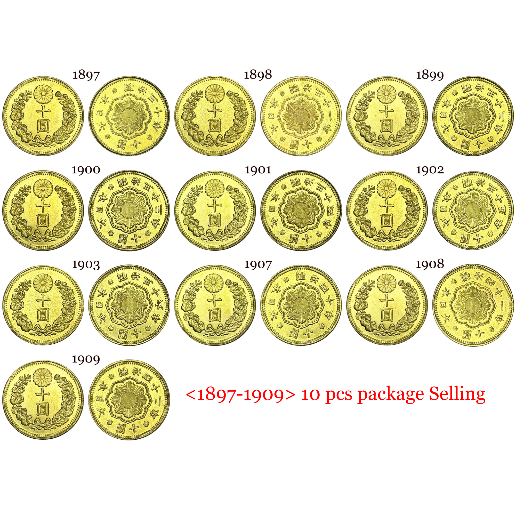 Great Japan 10 Yen Year Meiji 1897 -1909 10 Pcs Package Sell Gold Brass Replica Coin Commemorative Medal,Historical Collectible Art Craft For Enthusiasts