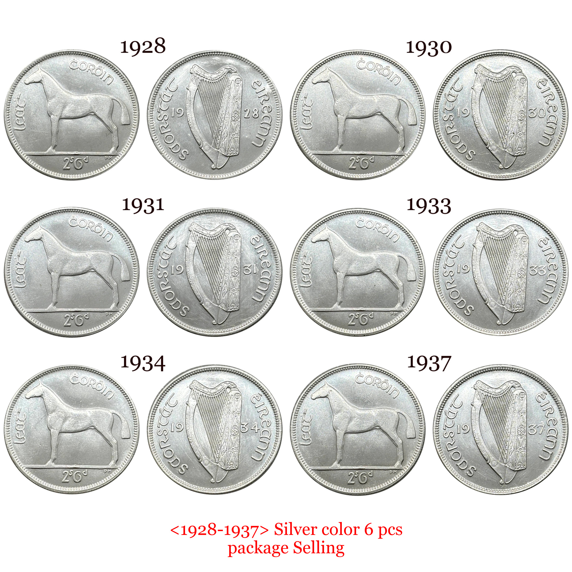 Ireland 1928 -1937 6 Pcs Half ½ Crown 2 Shillings 6 Pence Silver Plated Replica Coin Commemorative Medal,Historical Collectible Art Craft For Enthusiasts