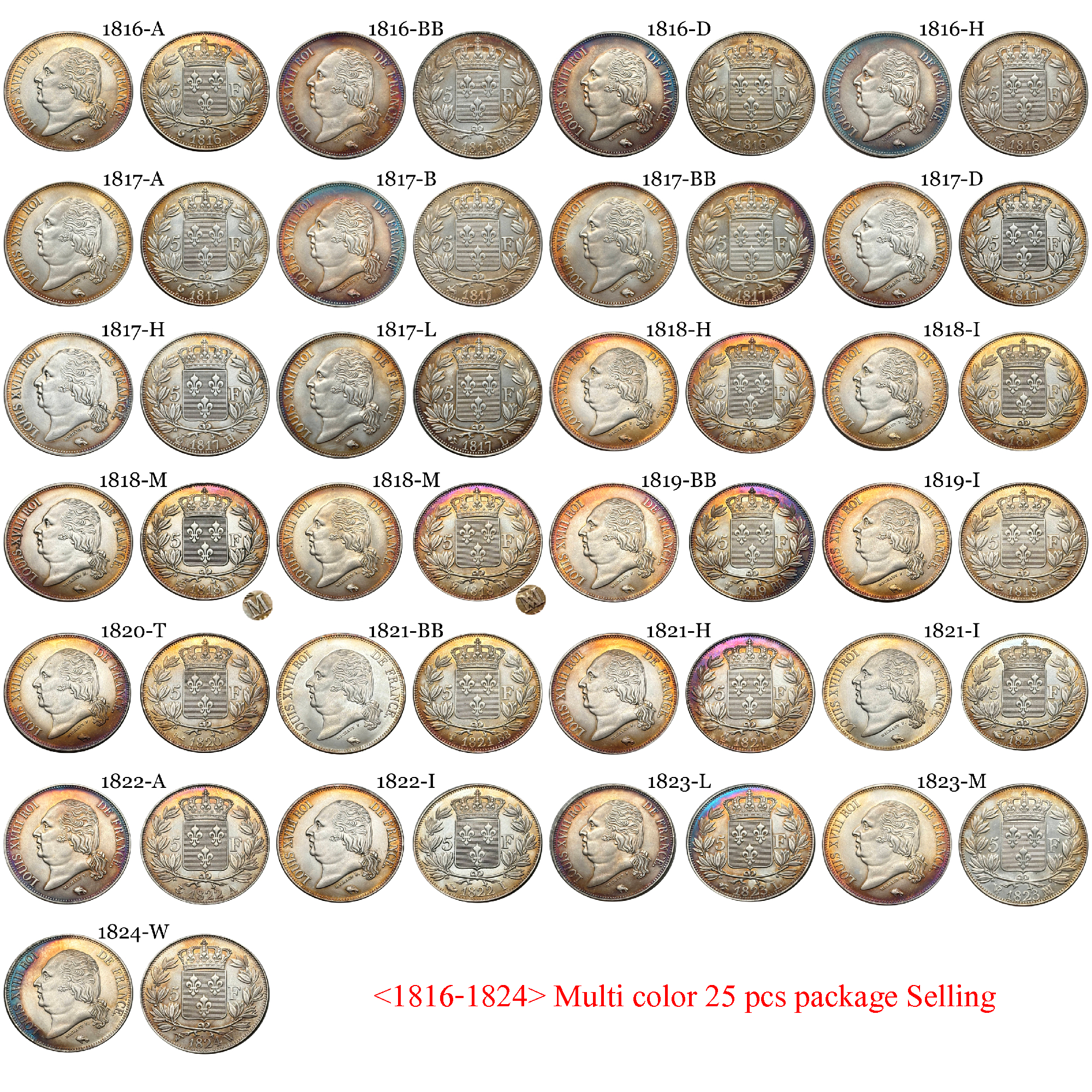 France 1816 - 1824 25 PCS 5 Francs Louis XVIII Silver Plated Replica Coin Commemorative Medal,Historical Collectible Art Craft For Enthusiasts